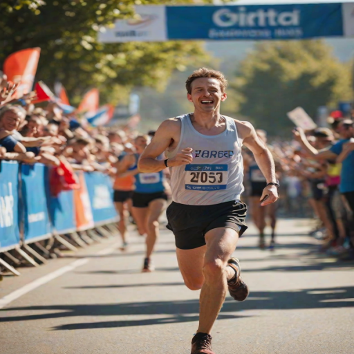 Blurry action shot of a runner crossing the finish line at a marathon, with spectators cheering in the background, soft sunlight illuminating the excitement of the moment.