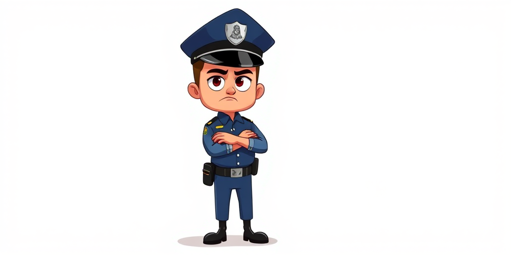 Create a digital illustration of a cartoon police officer standing confidently, with a slight frown and arms crossed, using a Canon EOS 5D Mark IV, 50mm lens, f/2.8 aperture, 1/125 shutter speed, in vibrant colors and a clean background for better focus.