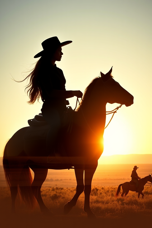 "Create a Double exposure", a silhouette "profile portrait of a young cowgirl" with long hair "superimposed" against a long shot of a cowgirl riding a horse across the plains, fantastic view, 32k, cinematic, hyper-realistic.