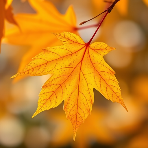 High-resolution close-up of a vibrant golden maple leaf on a soft blurred background, natural lighting, f/2.8 aperture, ISO 100, DSLR camera, macro lens, focus on leaf texture and colors.