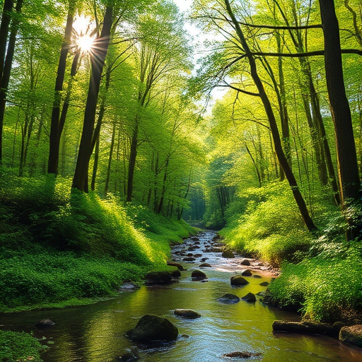 Generate an image of a lush green forest with sunlight filtering through the trees, vibrant foliage, and a calm stream running through it, taken with a DSLR camera at f/5.6 aperture, ISO 200, 1/250 sec shutter speed, in landscape orientation, with a wide-angle lens for enhanced depth and detail.