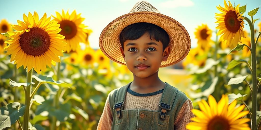A young boy with short black hair wearing a straw hat and rustic clothing stands in a vibrant sunflower field, with a cozy wooden cabin visible in the background under a bright blue sky, captured with a Canon EOS R5 at f/1.8, ISO 100, 50mm lens, using natural lighting and a shallow depth of field to enhance image quality.
