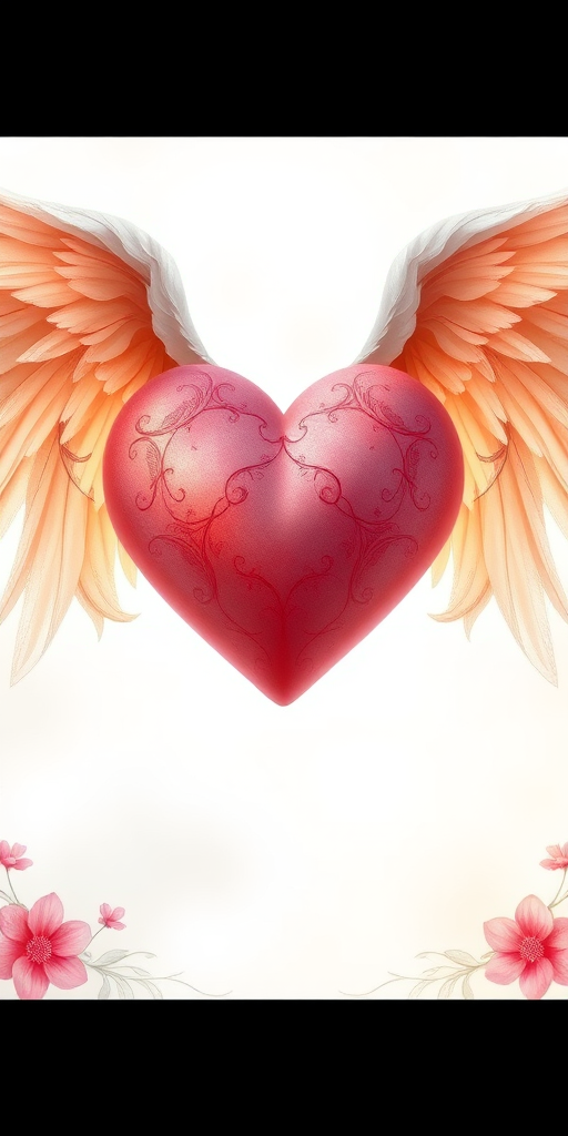 Create a high-quality digital illustration of a heart with angel wings, featuring intricate floral patterns around the edges, captured with a Canon EOS 5D Mark IV, 50mm lens, f/1.8 aperture, at ISO 100, using natural lighting for a soft, ethereal effect.