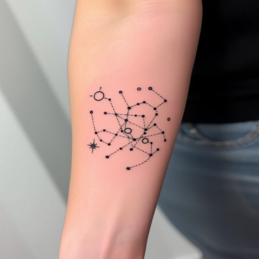 Minimalist single needle "Celestial Cartography" tattoo artwork portraying constellations galaxies and cosmic bodies using tiny precise dots and thin lines to create a subtle yet captivating star map on the skin