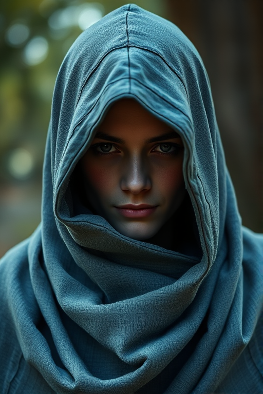 Generate an image of a cloaked figure with a hood partially obscuring its face, using a Canon EOS R5 with a 50mm f/1.2 lens, aperture set to f/2.8, ISO 100, shutter speed 1/200 sec, shot in natural light with a shallow depth of field to enhance the texture of the fabric and create a blurred background.