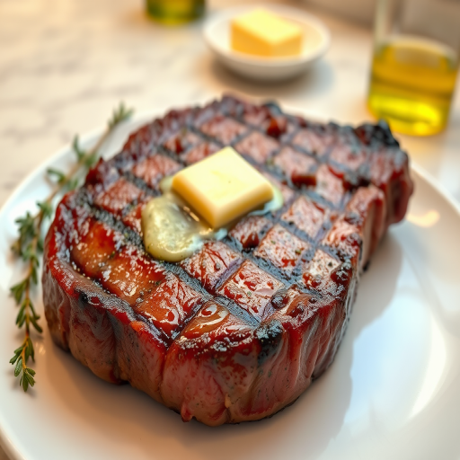 Create an image of a perfectly seared ribeye steak, resting on a white plate with a pat of melting butter on top. The steak is seasoned with fresh herbs like thyme and parsley, with glistening juices highlighting the texture of the meat. The background features a soft focus on a light, marble countertop, with a small dish of butter and an olive oil bottle in the distance. The overall mood should be warm and inviting, capturing the deliciousness and juiciness of the steak.