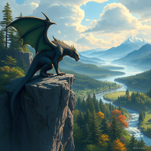 Create a detailed illustration of a fantastical scene featuring a large mythical creature perched on a cliff overlooking a serene landscape with a river, lush trees, and distant mountains, taken with a DSLR camera at f/2.8 aperture, ISO 100, a 50mm lens, in vibrant colors with a soft focus background and dramatic lighting.