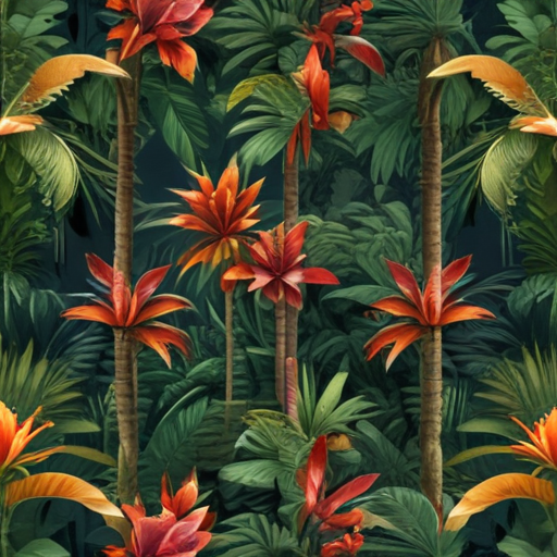 Vibrant Tropical Jungle Scene with Lush Greenery and Colorful Flowers