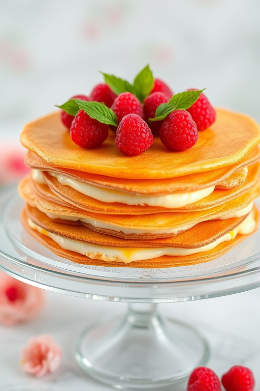 A beautifully layered cake with thin pastry sheets and creamy filling, elegantly presented on a glass cake stand, topped with fresh raspberries and delicate green leaves, with a soft background featuring a hint of flowers.