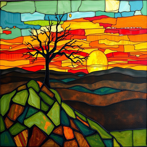 A vibrant abstract painting on Tiffany Glass, blending acrylic and alcohol ink techniques, captures a dramatic sunset over rolling hills. The artwork features a textured, rocky foreground in green and brown, layered abstract hills, and a striking sunset in rich oranges, yellows, and reds. A solitary black tree with intricate branches contrasts against the fiery sky, creating a dynamic and expressive portrayal of a breathtaking natural scene.