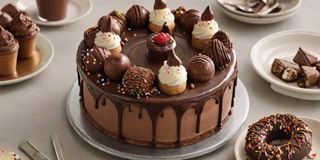 Create a delicious chocolate cake with a smooth chocolate ganache finish. Top the cake with two ice cream cones and an assortment of chocolate treats such as chocolate-covered donuts, chocolate bars, and waffle pieces. Add chocolate sprinkles and a few decorative elements for a festive touch.
