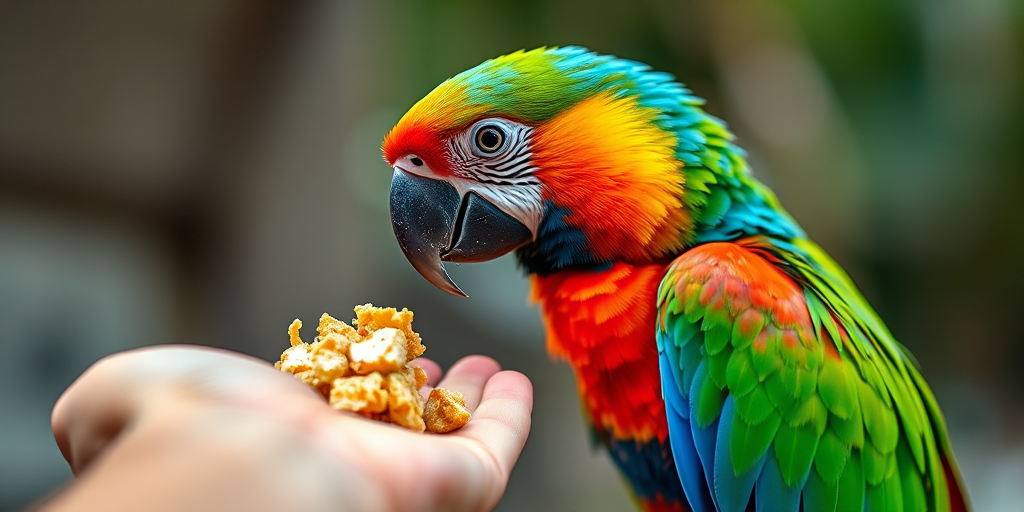 A vibrant parrot perched near a hand offering food, shot with a DSLR camera at f/2.8, 1/500 sec, ISO 200, with a shallow depth of field to blur the background, capturing the vivid colors and intricate details of the bird's feathers and the hand's texture.