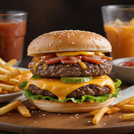 High-resolution, close-up image of a gourmet double cheeseburger. The burger features a glossy, sesame-seed-topped brioche bun. Inside, there are two thick, juicy beef patties, each topped with melted cheddar cheese. The burger is garnished with fresh lettuce, tomato slices, diced onions, and pickles. A generous amount of ketchup and a creamy, orange-colored sauce is dripping down the sides, adding to the mouth-watering appeal. In the background, there are blurred elements including a side of golden French fries and a hint of a beverage, enhancing the overall presentation of a delicious meal.