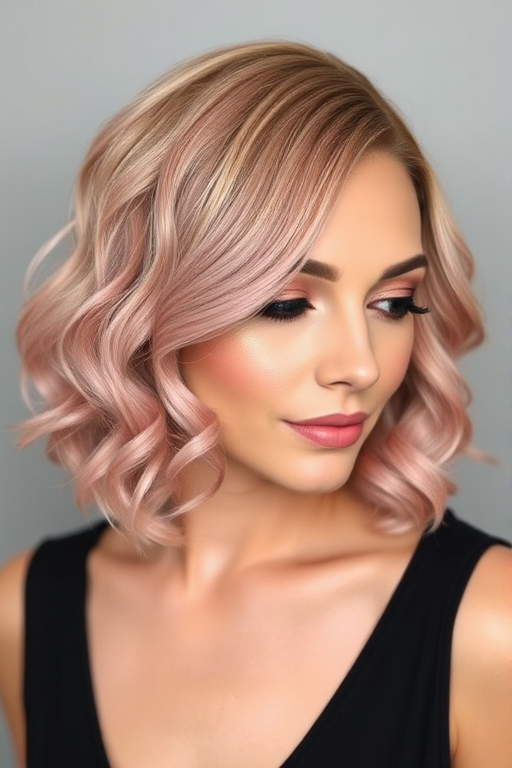 Dusty rose bob with subtle gold leaf accents, styled in vintage finger waves, called "Gilded Blush" look, featuring a glossy finish and sculpted shape