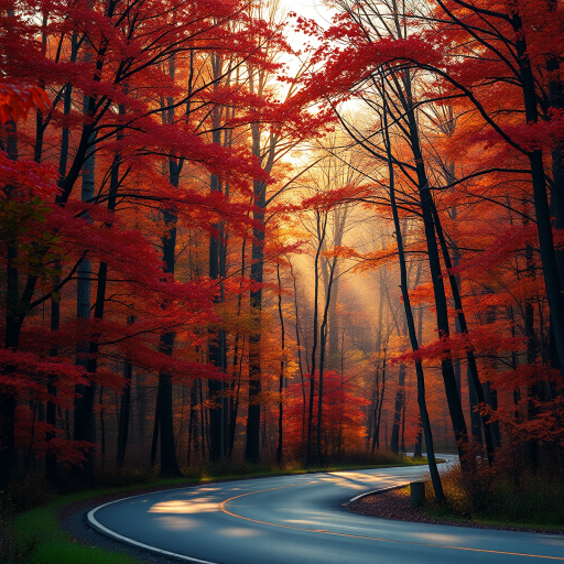 generate a serene forest scene during autumn with vivid red and orange leaves, soft sunlight filtering through the trees, winding road in the foreground, shallow depth of field, shot with a Canon EOS R5, 24-70mm f/2.8 lens, ISO 100, aperture f/4, shutter speed 1/250 sec, golden hour lighting, high dynamic range.