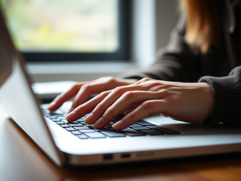 Close-up shot of a pair of hands typing on a laptop, natural lighting, shallow depth of field, 50mm lens, f/2.8 aperture, ISO 200, captured with a DSLR camera.