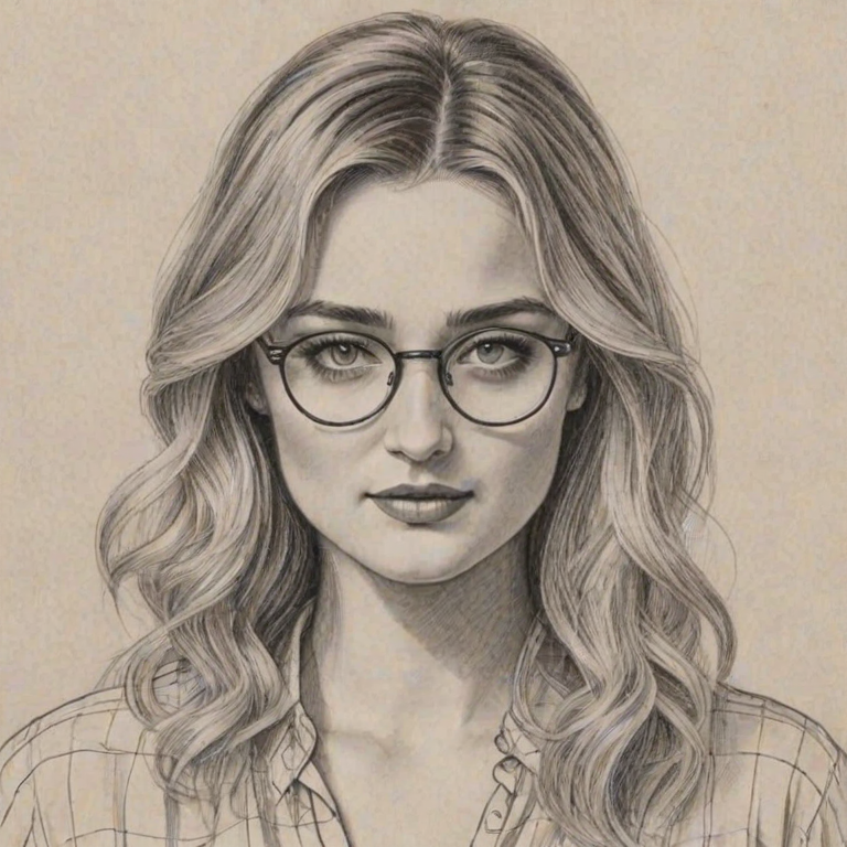 Bewitching AJ Michalka, pencil sketch, portrait of Radiant woman 1922s in glasses, hair style beatnik, outline, clear lines, fine lines, 8k