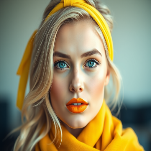 Create a high-resolution portrait of a woman with blonde hair and striking yellow lips, wearing a vibrant yellow scarf and a matching headband, with a soft focus background, captured using a DSLR camera at f/2.8 aperture, ISO 100, 50mm lens, with a clean and modern style.