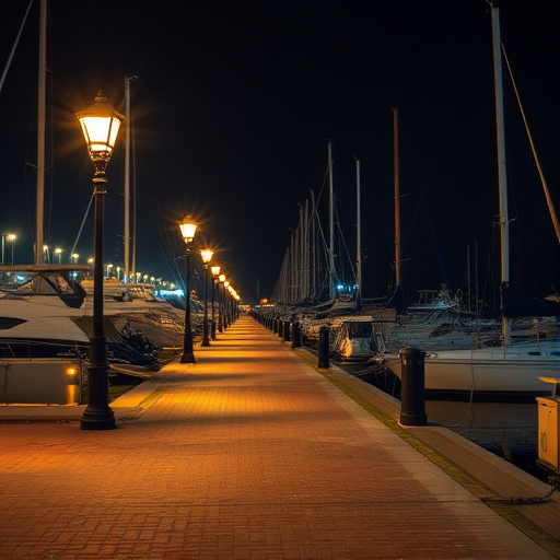 capture a serene nighttime marina scene with illuminated lamp posts casting warm glows on the pavement, showcasing boats docked along the river, using a DSLR camera with a 24mm lens, aperture f/2.8, ISO 800, shutter speed 1/30s, in landscape orientation with a low angle view to emphasize the foreground and create a moody atmosphere