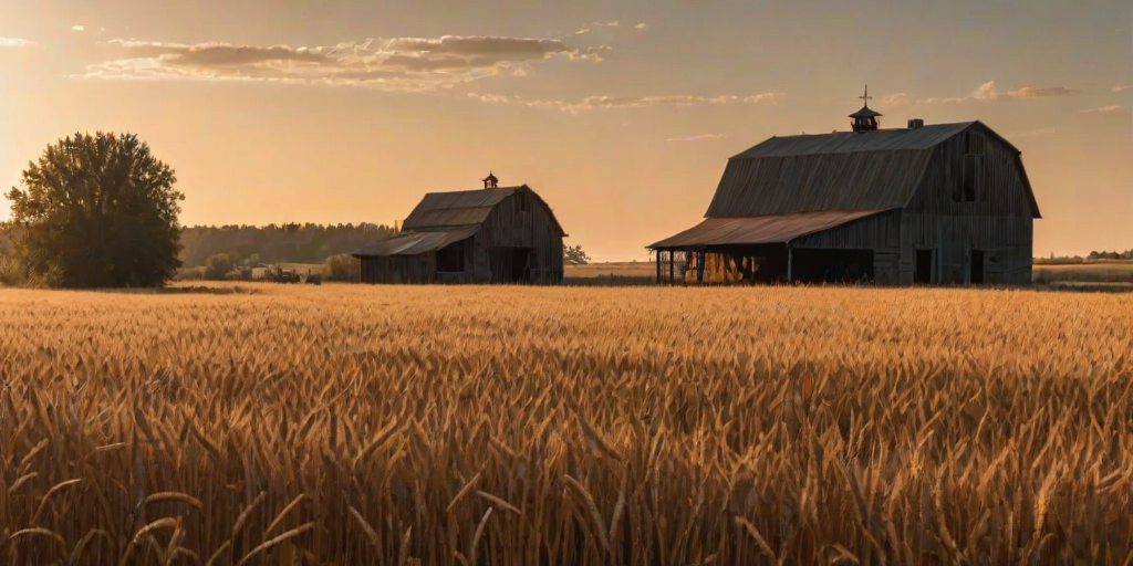High-contrast image of an old barn in a field of golden wheat, sunset casting long shadows, the roof weathered and worn, a rusty tractor parked nearby, birds flying overhead, a soft breeze visible in the movement of the wheat.