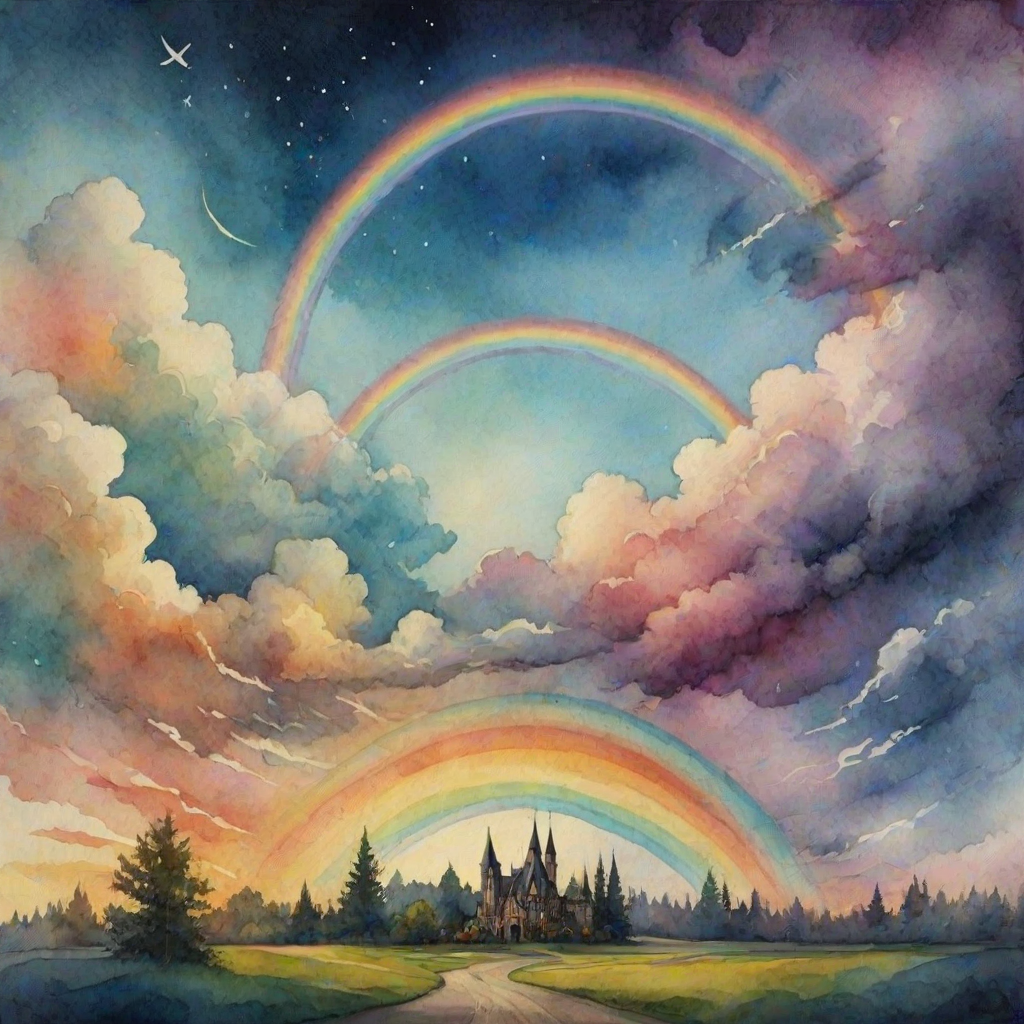 A whimsical and surreal sky with a vibrant rainbow, featuring dramatic lighting effects and a textured watercolor background, with a touch of gothic aesthetic.
