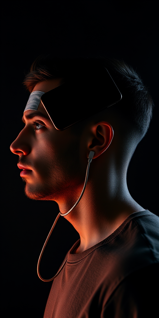 Capture a side profile of a man with a smartphone taped to his forehead, a charging cable around his neck, shot with a Canon EOS R, 50mm f/1.8 lens, ISO 100, aperture f/2.8, shutter speed 1/200 sec, in a dark studio setting with dramatic lighting to emphasize shadows and highlights.