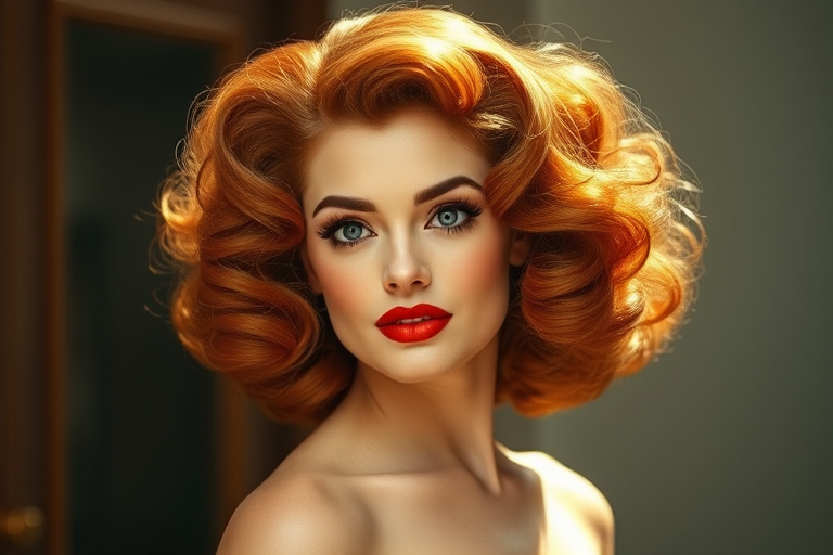 Dazzling copper-haired siren flaunting voluminous curls in a retro-inspired bouffant, channeling 1960s glamour and sophistication