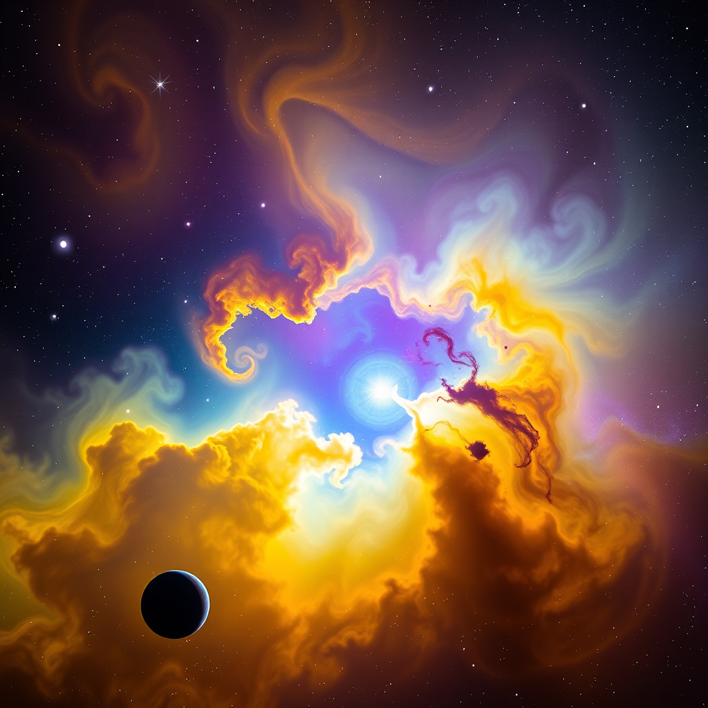 A vibrant cosmic scene showcasing a colorful nebula with swirls of yellow, blue, and purple gases in space, featuring a distant planet in the foreground, captured with a Canon EOS R5, 50mm lens, f/1.8 aperture, ISO 400, and a long exposure of 20 seconds to enhance star trails and nebula detail.