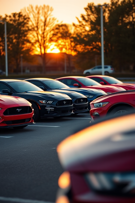 capture a lineup of five Ford Mustang cars in a vibrant parking lot setting during golden hour with a shallow depth of field, use a DSLR camera with a 50mm lens, aperture set to f/2.8, ISO 200, and a shutter speed of 1/250s for enhanced clarity and rich colors