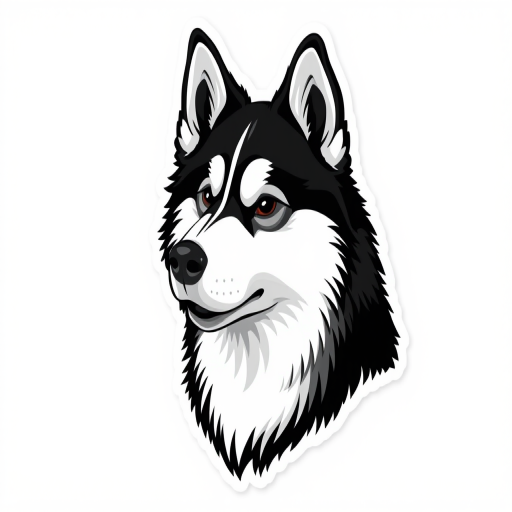generate sticker, 3D black and white yakutian laika dog breed, black background