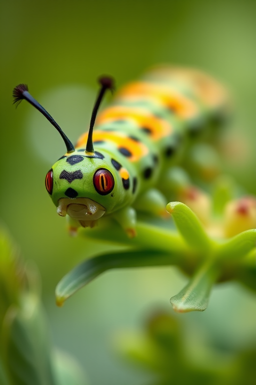 Close-up of a vibrant caterpillar on green foliage, shallow depth of field, f/2.8 aperture, 1/250 sec shutter speed, ISO 100, natural soft light, DSLR camera, macro photography style.