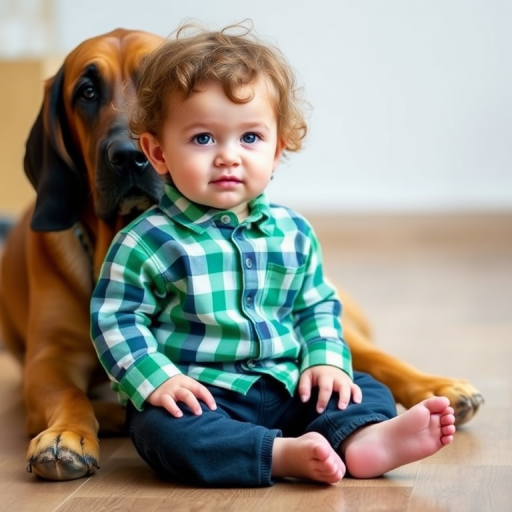 A portrait of a toddler with curly hair in a green checkered shirt and dark pants, sitting next to a large hound dog on a wooden floor, with a soft-focus background, taken with a DSLR camera, 50mm lens, f/2.8 aperture, ISO 200, and natural light to enhance details and colors.