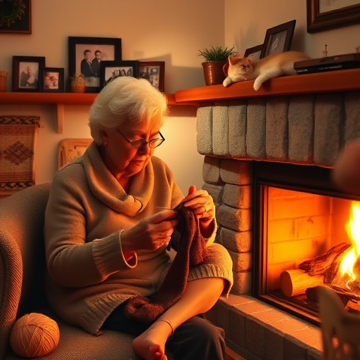 Warm, softly lit photo of a grandmother knitting by the fireplace, soft orange glow from the fire reflecting on her face, a ball of yarn on the floor beside her, family photos framed on the mantle, a cat sleeping on the hearth, the smell of fresh bread in the air.