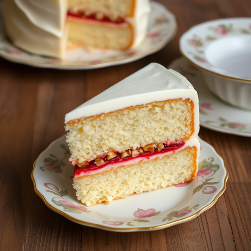 A slice of white cake on a decorative plate with a layer of red filling and crushed nuts in the middle, topped with white frosting, set against a wooden background with additional plates in the background.