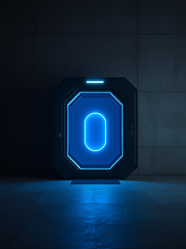 A futuristic teleportation device emitting a glowing blue light, set against a dark concrete background, captured with a Canon EOS R5 at f/1.8, ISO 100, 1/125 sec, using a wide-angle lens for an immersive perspective and high dynamic range for enhanced clarity and depth.