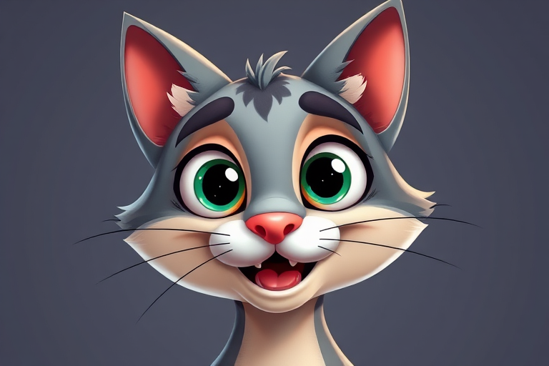 Create a vibrant illustration of a cartoon cat character with exaggerated features, showcasing big expressive eyes and a playful smile, use a 50mm lens, f/2.8 aperture, ISO 100, soft studio lighting, and a high-resolution digital camera for clarity and detail.