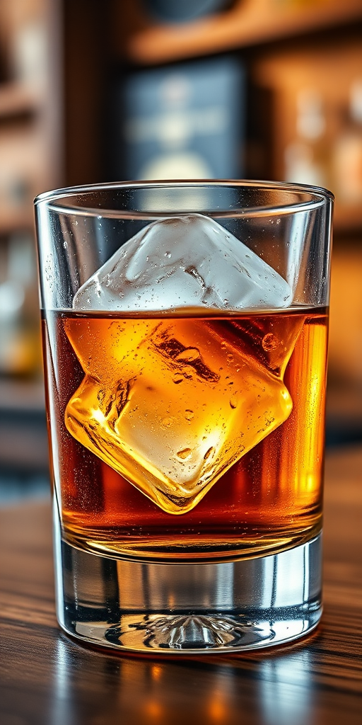 High-resolution close-up of a glass of whiskey with a large ice cube, condensation forming on the glass, soft warm light reflecting off the amber liquid with a rustic wooden bar in the background.