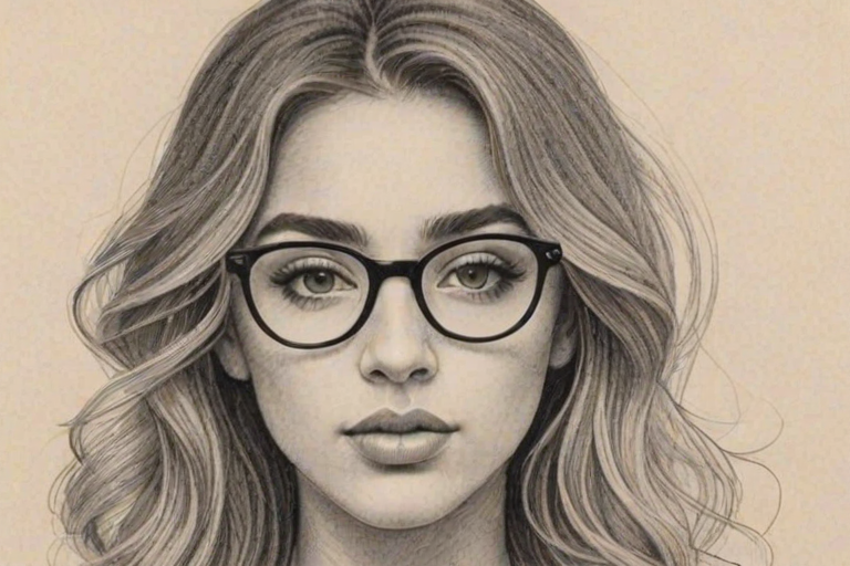 Bewitching Alina Baraz, pencil sketch, portrait of Bewitching woman 1945s in glasses, hair style beatnik, outline, clear lines, fine lines, 8k