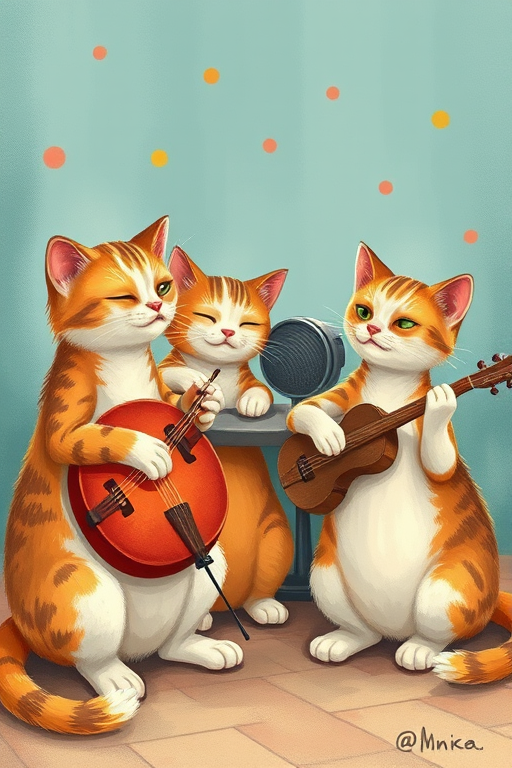 Create a vibrant illustration of four cats playing string instruments in a whimsical setting, using a DSLR camera with an aperture of f/2.8, ISO 100, and a focal length of 50mm, shot from a slightly elevated angle for dynamic perspective.