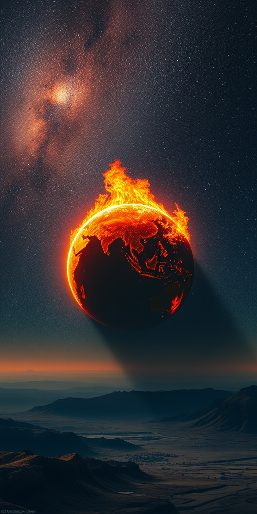 Create a high-resolution image of a fiery planet engulfed in flames against a starry sky, captured with a Nikon D850 at f/11, ISO 100, 1/200 sec, wide-angle lens, focus on the planet with a dramatic view of the landscape below.