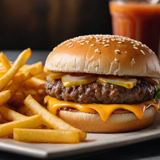 High-resolution, close-up image of a gourmet double cheeseburger. The burger features a glossy, sesame-seed-topped brioche bun. Inside, there are two thick, juicy beef patties, each topped with melted cheddar cheese. The burger is garnished with fresh lettuce, tomato slices, diced onions, and pickles. A generous amount of ketchup and a creamy, orange-colored sauce is dripping down the sides, adding to the mouth-watering appeal. In the background, there are blurred elements including a side of golden French fries and a hint of a beverage, enhancing the overall presentation of a delicious meal.