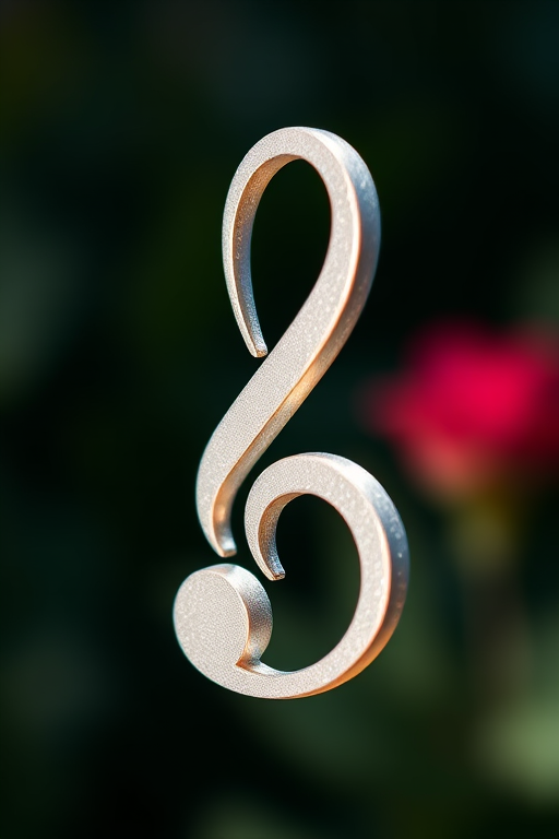 Create a high-resolution image of a stylized musical notation symbol, captured with a DSLR camera using a 50mm lens, aperture set to f/1.8 for a shallow depth of field, at a focal length of 100, in natural light setting.
