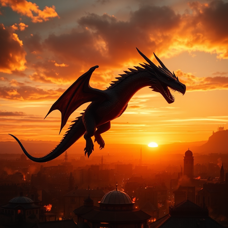 Create a high-resolution fantasy image of a dragon soaring over a burning city at sunset, using a DSLR camera with a 50mm lens, aperture set to f/1.8, ISO 400, and a warm color palette for enhanced contrast.