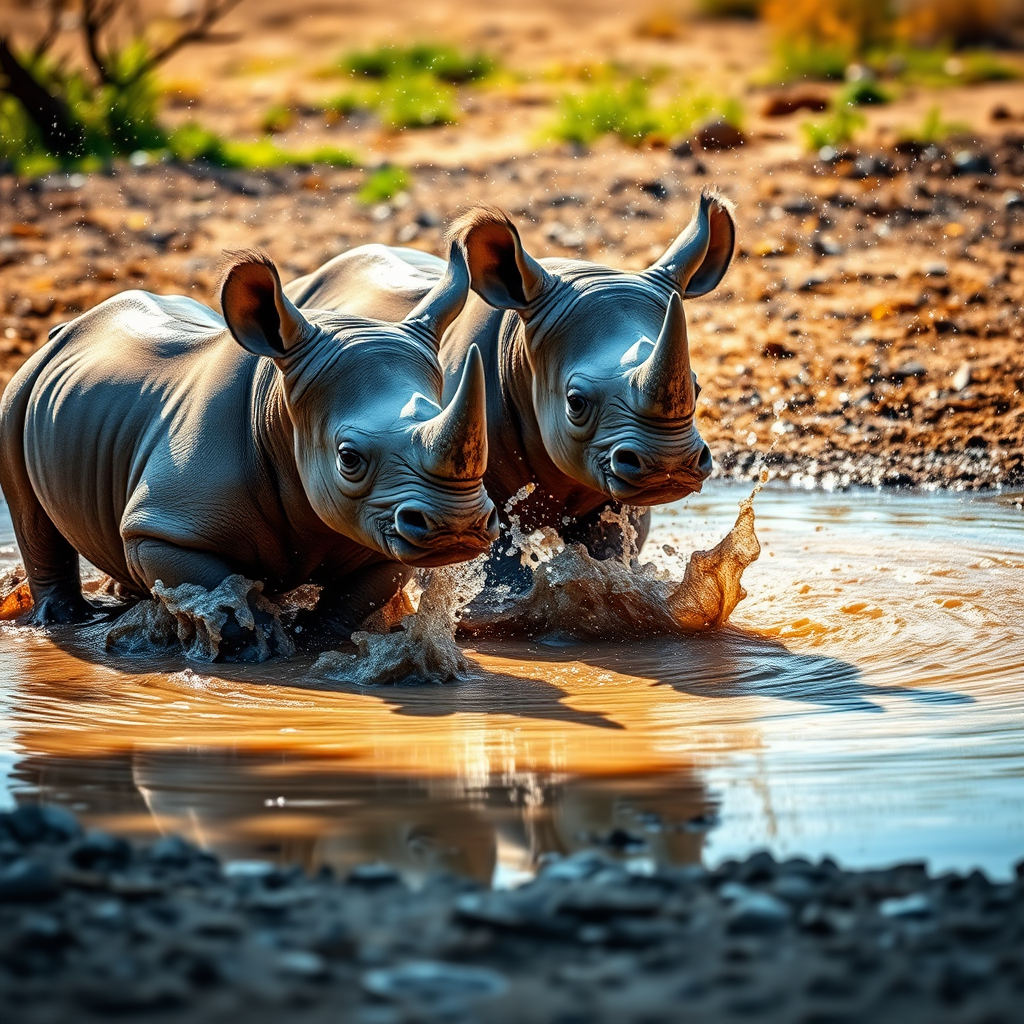 highly detailed image of playful baby rhinos splashing in a muddy puddle under natural sunlight, 50mm lens, f/2.8 aperture, ISO 200, shot from a low angle to emphasize the action, DSLR camera, vivid colors, high-resolution photography