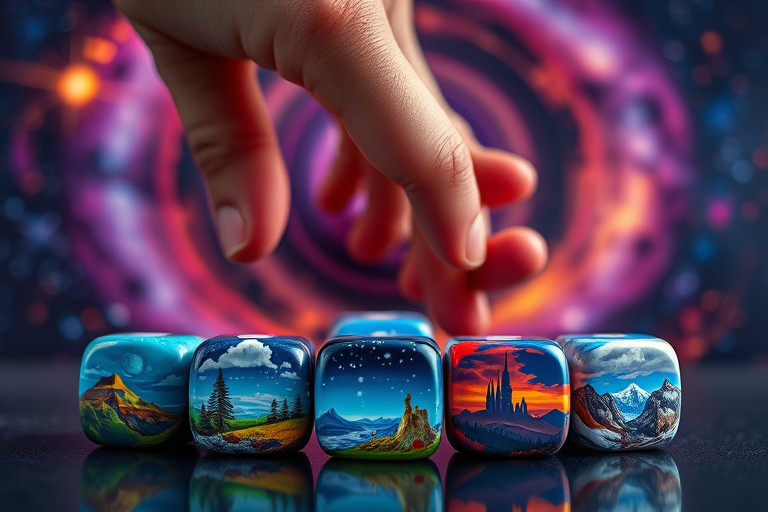Photo of a hand reaching for colorful, artistic dice showcasing various landscapes and cosmic themes, with a swirling galaxy backdrop, captured with a Canon EOS R5 at f/2.8, ISO 100, 1/125s, in a close-up view with high dynamic range and vibrant colors.