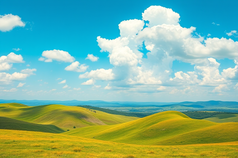 Create a vibrant illustration of a serene landscape featuring rolling hills under a bright blue sky with fluffy clouds, taken with a Canon EOS R5 at f/4, ISO 100, 35mm lens, in natural light, capturing depth and rich colors.
