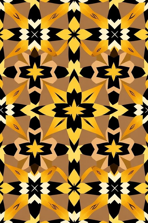 Create a seamless pattern of interlocking stars in a symmetrical design using a color palette of black, gold, and white, captured with a DSLR camera at f/8 aperture, ISO 100, 50mm lens, overhead view, in high resolution to enhance image quality.