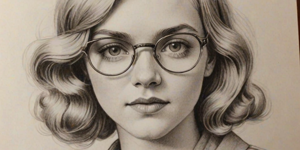 Wonderful Elsie Fisher, pencil sketch, portrait of Enchanting woman 1920s in glasses, hair style beatnik, outline, clear lines, fine lines, 8k