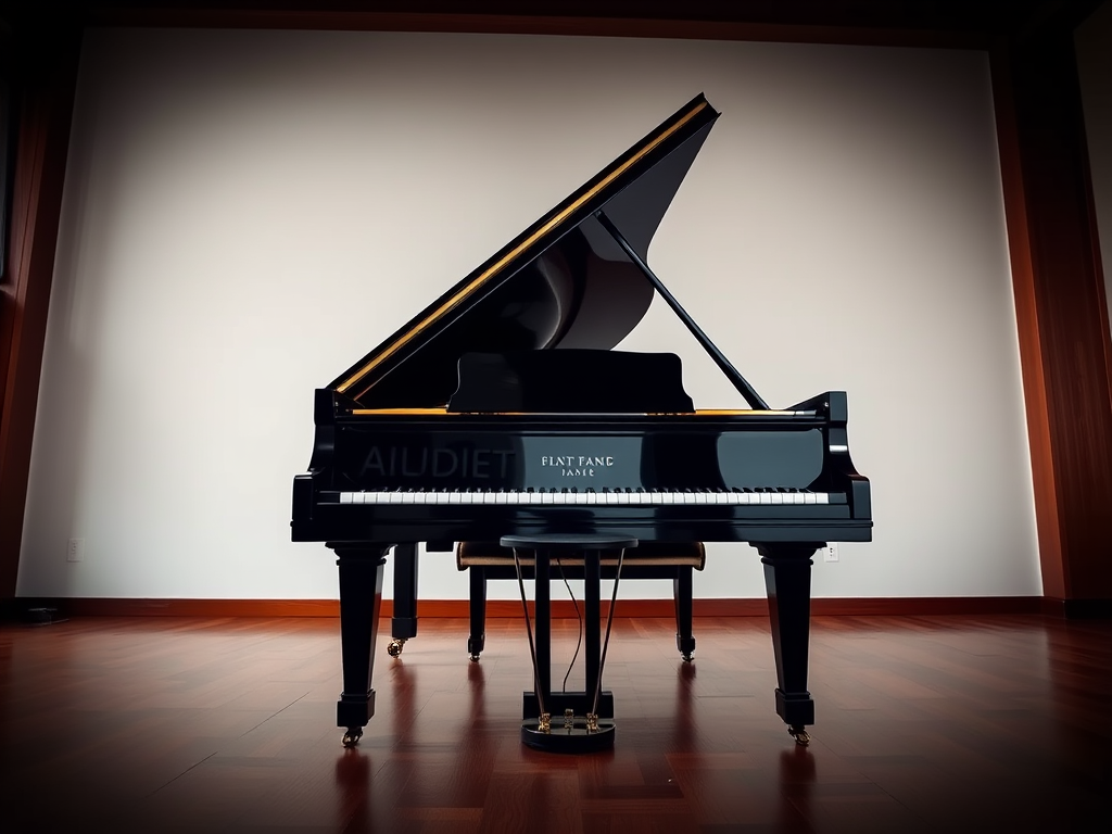 Generate a high-resolution image of a grand piano with the lid open, captured from a low angle, using a DSLR camera at f/2.8 aperture, ISO 100, and a focal length of 50mm, with natural lighting to enhance details and textures.