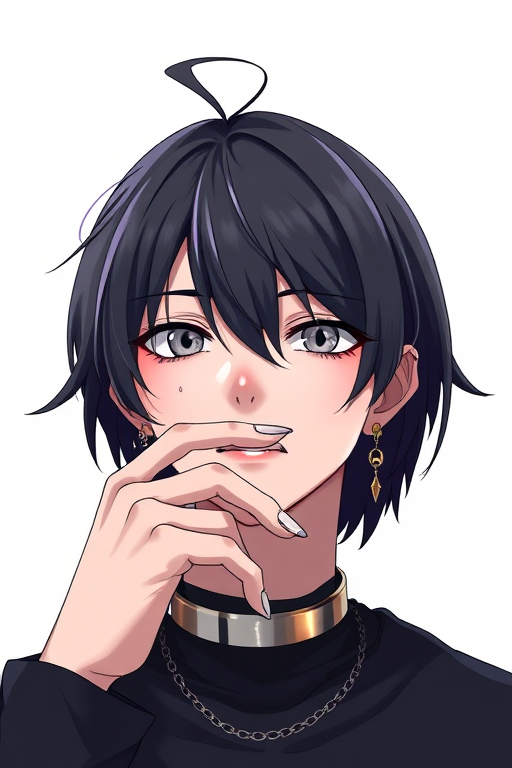 samdoesarts, anninosj, letsfinalanswer, hamukukka, elliemaplefox, sei5osuzuki, BM94199, yaoyao794, i want the whole image to be created in 3D anime style, solo, looking at viewer, short hair, bangs, simple background, black hair, 1boy, white background, hair between eyes, jewelry, male focus, earrings, mole, collar, grey eyes, black shirt, mole under eye, chain, scar, mouth hold, portrait, scar on face, close-up, metal collar